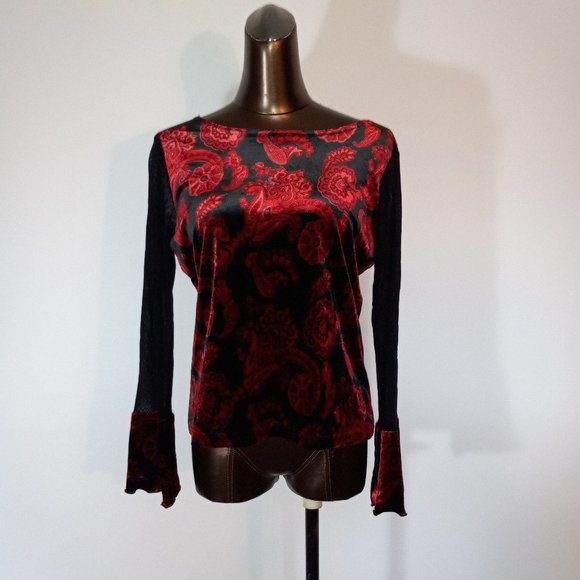 stretchy velvet floral print top with sheer sleeves & boat neck - Picture 5 of 13